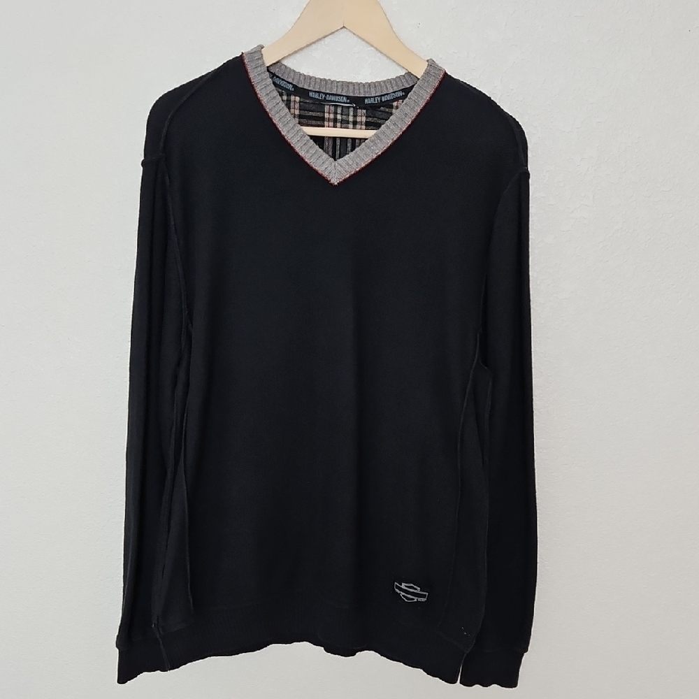 Harley-Davidson Black V-Neck Sweater with Gray and Red Trim